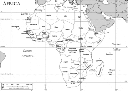 Mapa da África para colorir com nomes dos países.