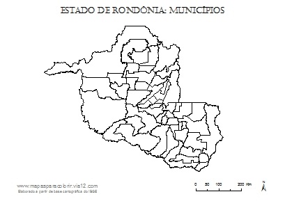 Mapa de Rondônia com contorno dos municípios.